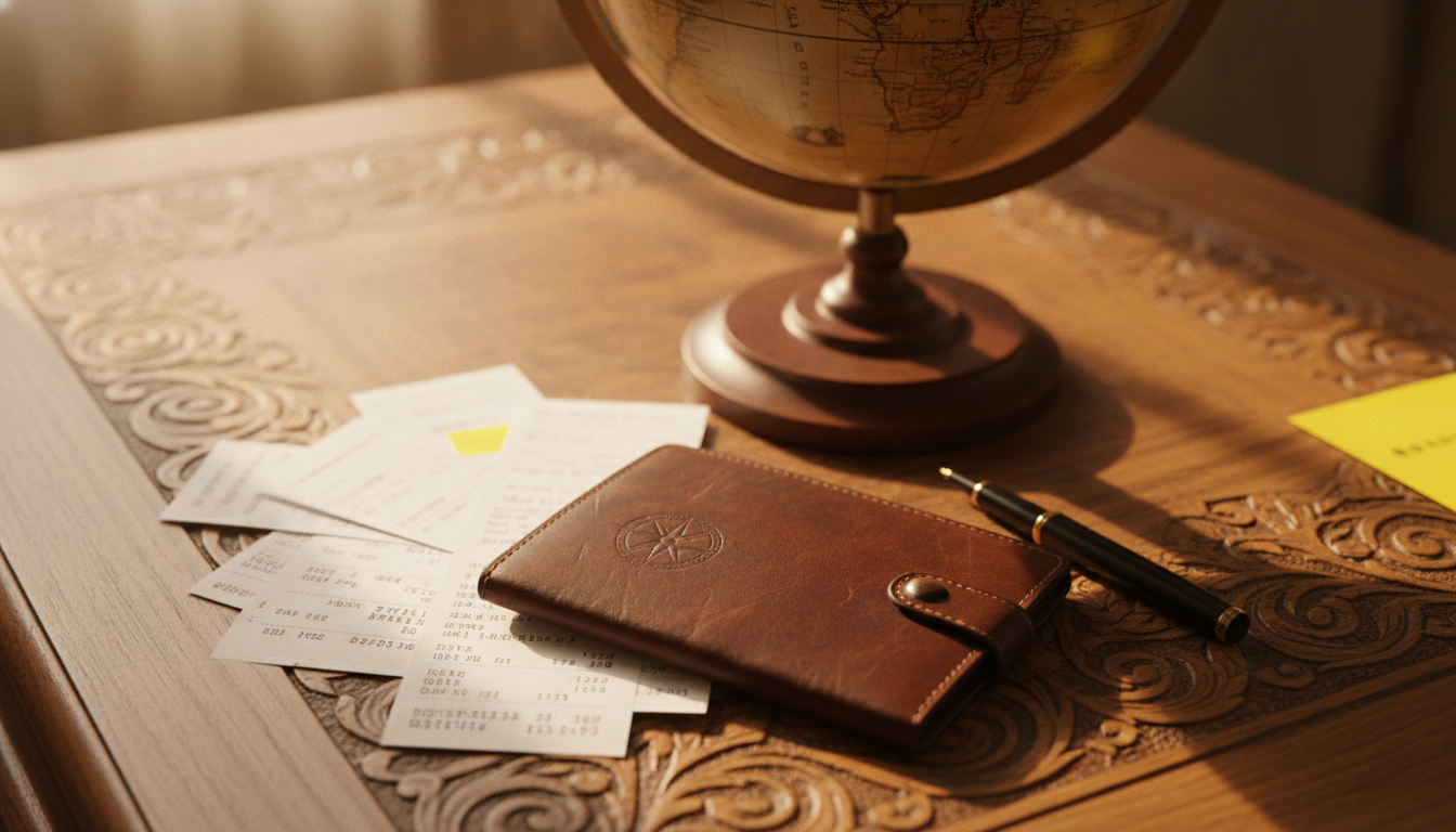 Inviting travel desk adorned with an ornate wooden surface