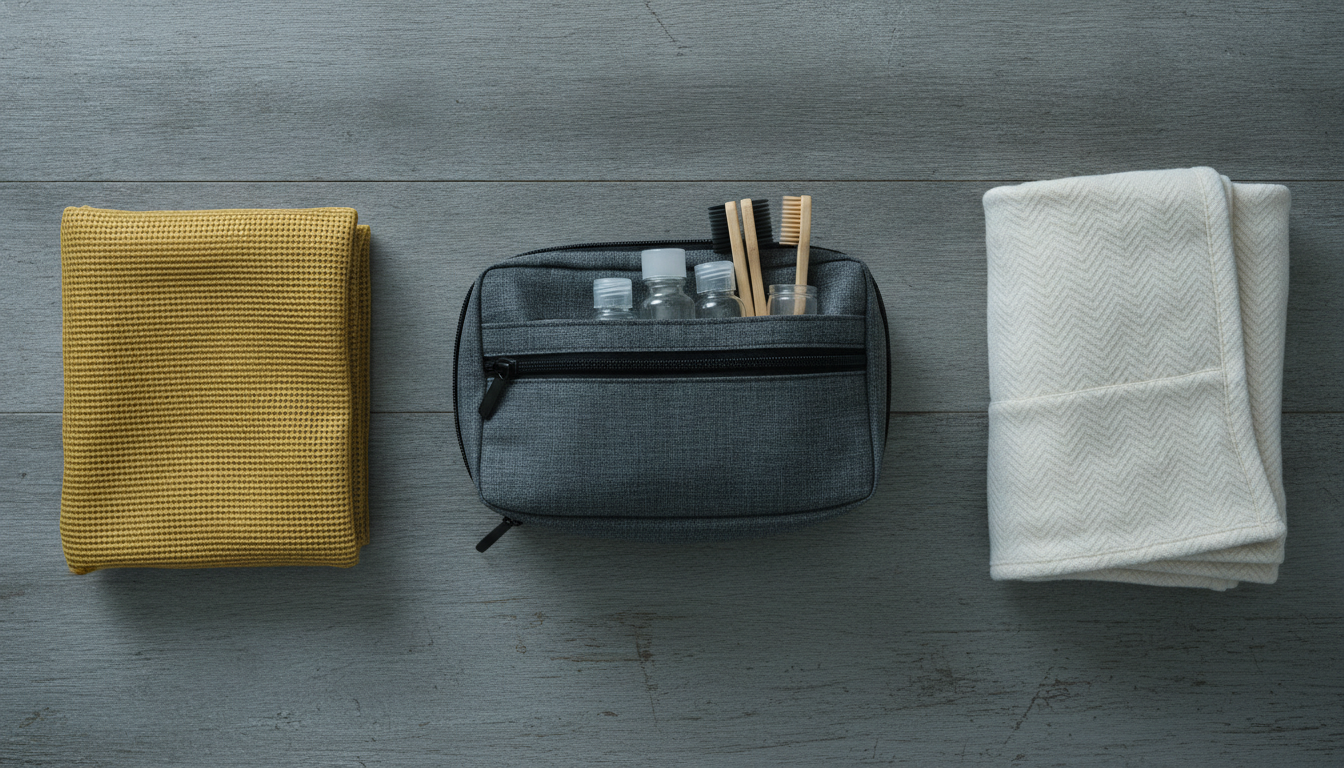 Overhead flat lay view of everyday travel items meticulously arranged on a rustic wooden table