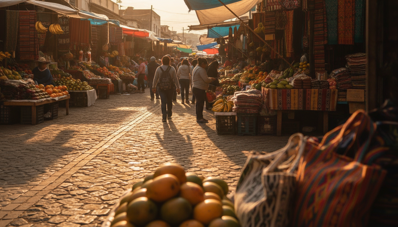 Wide environmental shot of a vibrant outdoor marketplace in a Latin American city