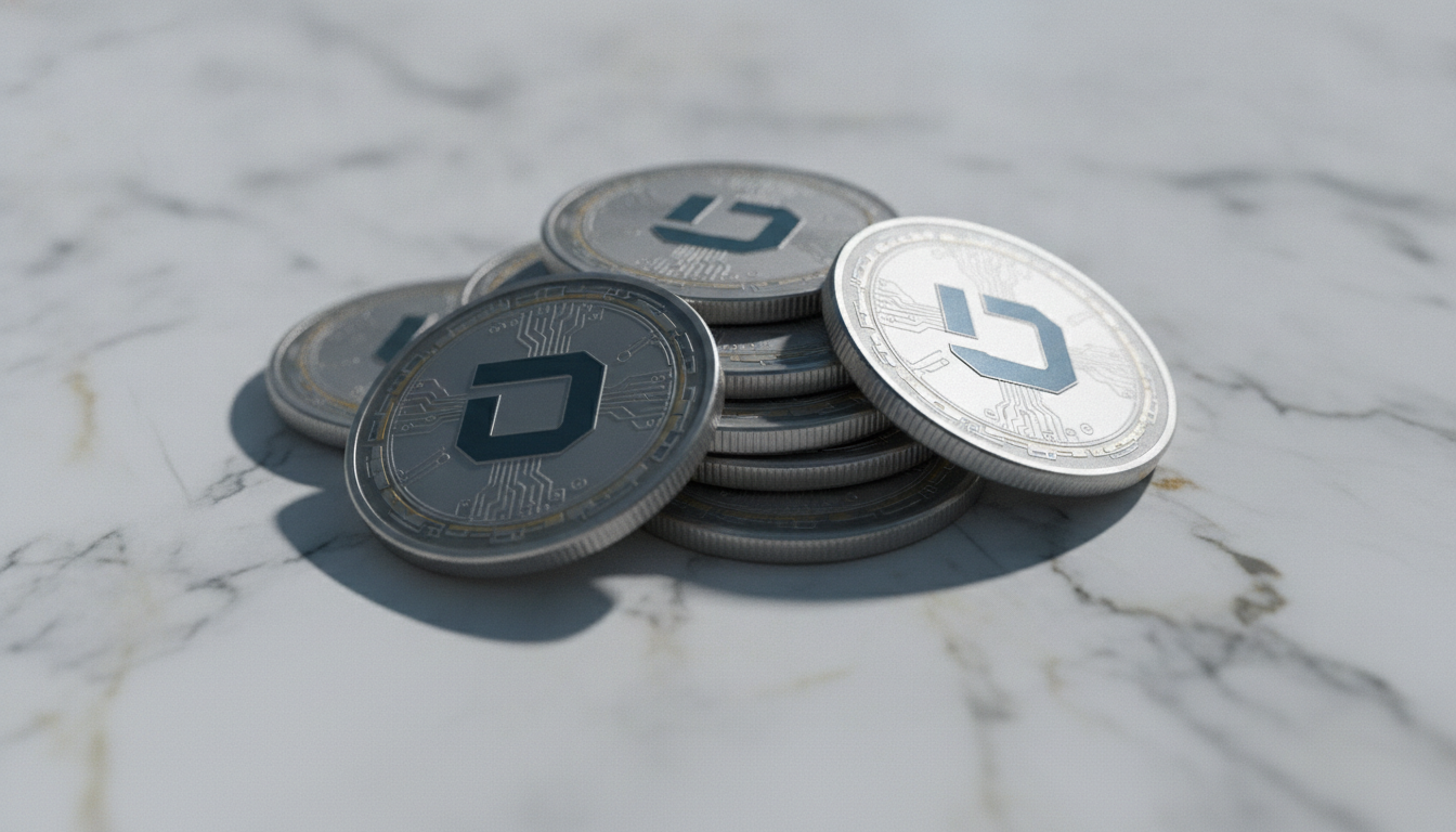 Tight macro close-up of digital tokens representing USDC