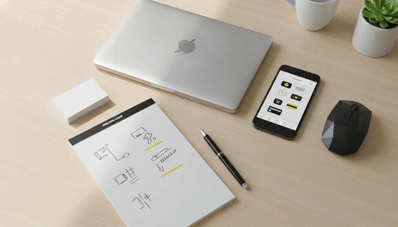 Overhead flat lay of a modern workspace featuring essential payment tools for independent workers