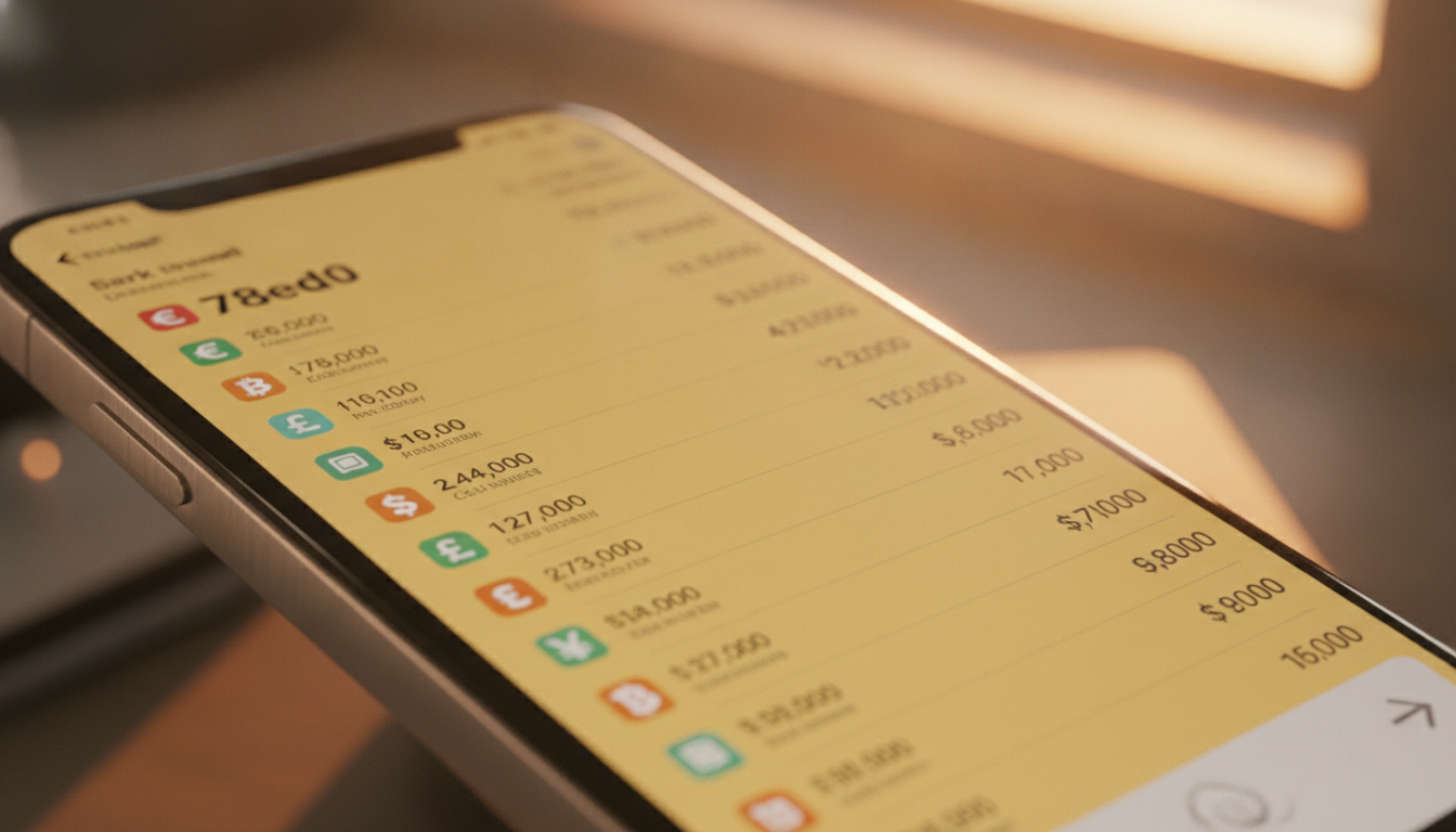 Tight macro close-up of a digital device displaying a vibrant bank statement