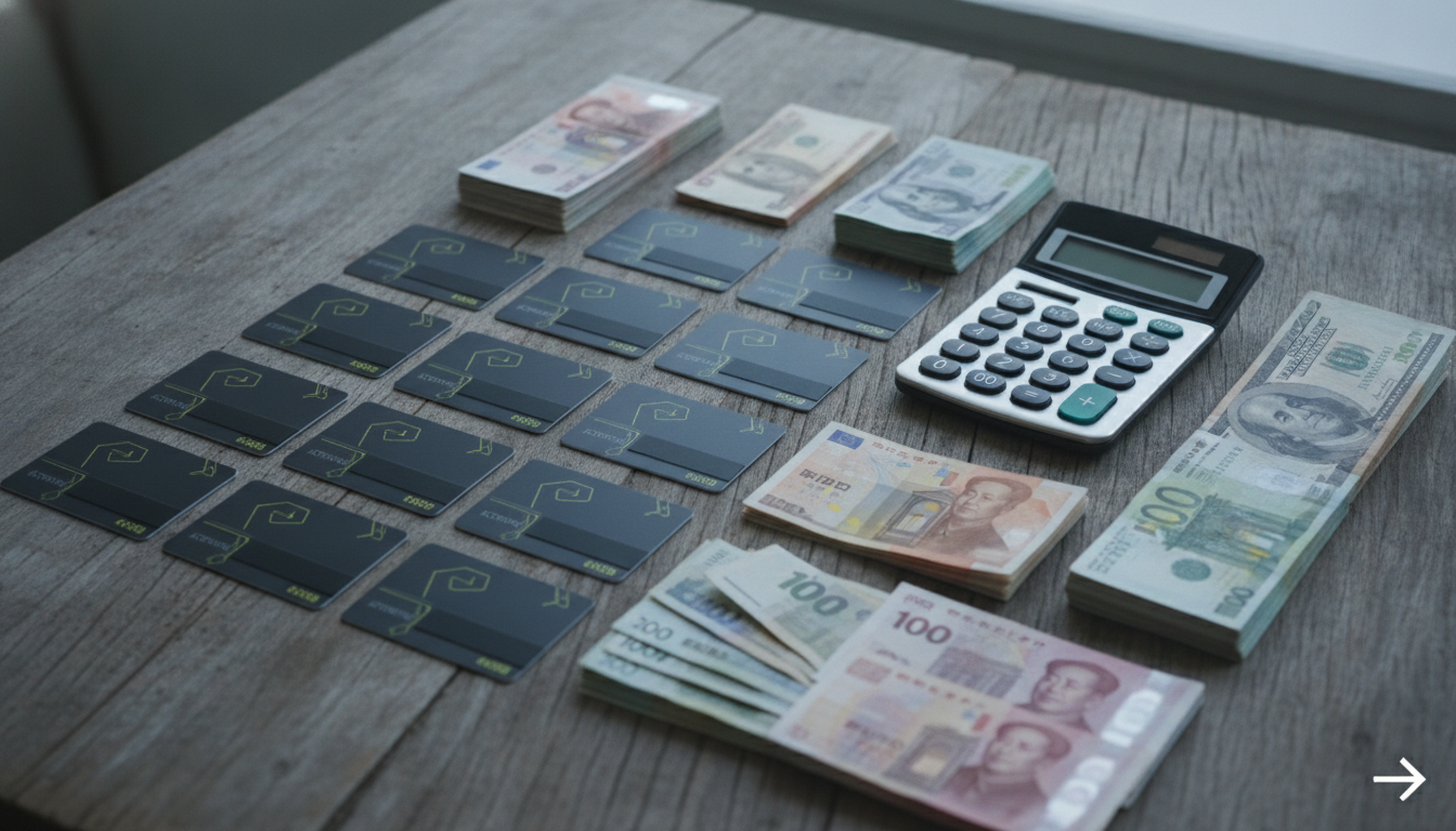 Overhead flat lay of diverse financial tools on a rustic wooden table