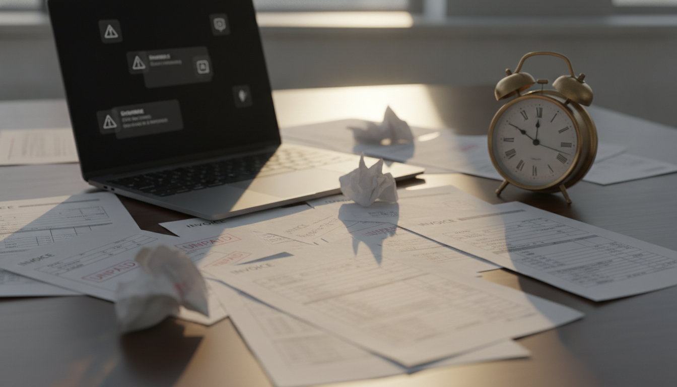 Wide environmental shot of a modern desk cluttered with various invoice documents in different states of completion