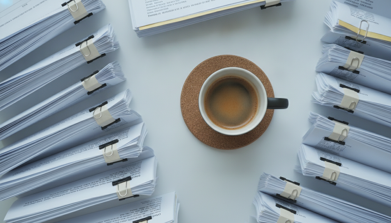 Overhead flat lay of neatly stacked postponed invoices organized by date